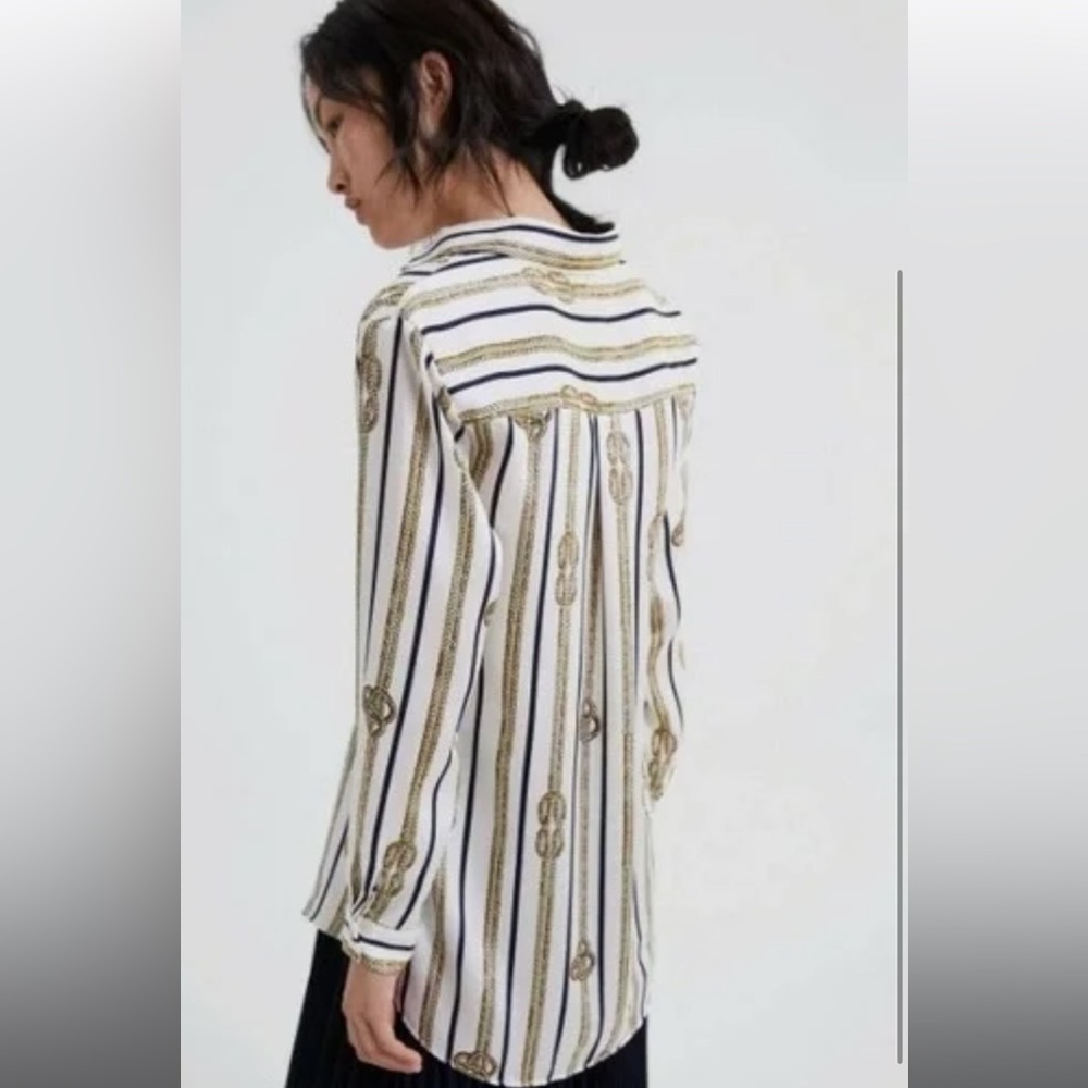 Zara rope printed long sleeve blouse White and Gold Striped